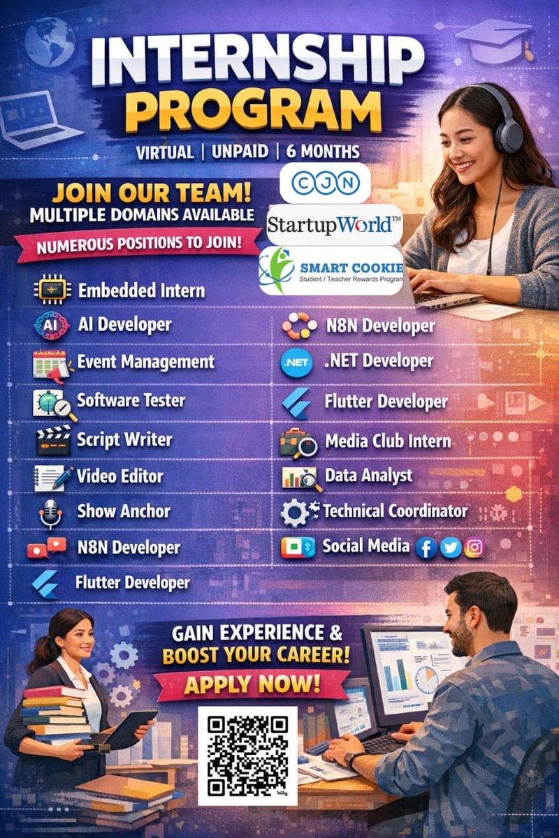 smartcookieinn's tweet photo. Internship Program | Virtual | 6 Months | Unpaid
Multiple domains:
AI Developer, Embedded, .NET, N8N, Flutter, Data Analyst, Software Tester, Event Management, Media, Social &amp; more.
Apply: recruitment@smartrewardsinc.com
(Mention preferred domain in subject) https://t.co/r8d4ImXigs