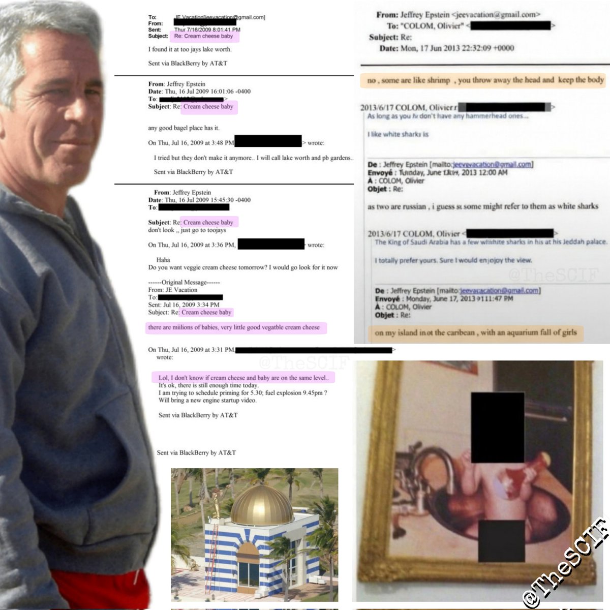 Epstein documents mention "cream cheese baby." This isn't the first time "babies" were mentioned as "food."

"There are millions of babies, very little good vegetable cream cheese."

"Lol, I don't know if cream cheese and baby are on the same level..."

Another Epstein document