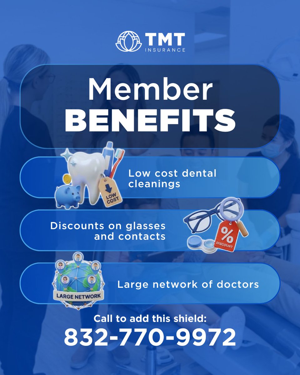 TMT_Insurance's tweet photo. Do not wait for a toothache or blurry vision to see a doctor. Small dental and vision plans make it very easy to get cleanings and new glasses for a low price. TMT Insurance can help you add this extra layer of protection to your current plan today. 

📞 TMT Hotline:832-770-9972 https://t.co/20b1pvRSix