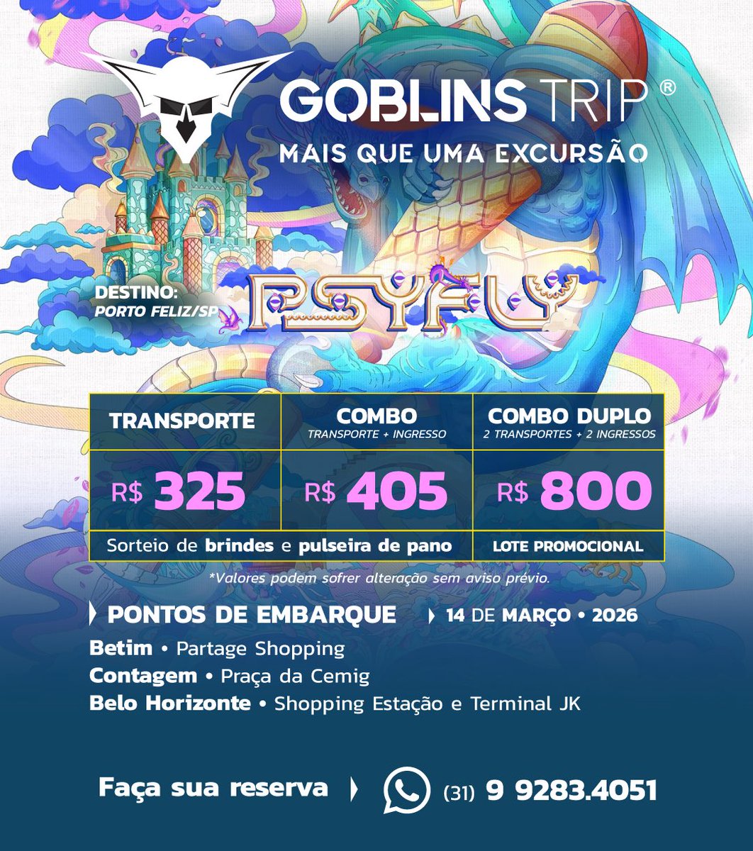🐉 Excursão Goblins Trip PSY FLY 2026 - BH/Contagem/Betim

🐉 Indique amigos e ganhe descontos!
🐉 Vagas limitadas! Faça sua reserva!
🐉 Água e isotônico!
🐉 Transporte seguro, com ar condicionado, bancos reclináveis!

👇 Grupo da excursão 👇
chat.whatsapp.com/FriOAb5XAWC9mx…