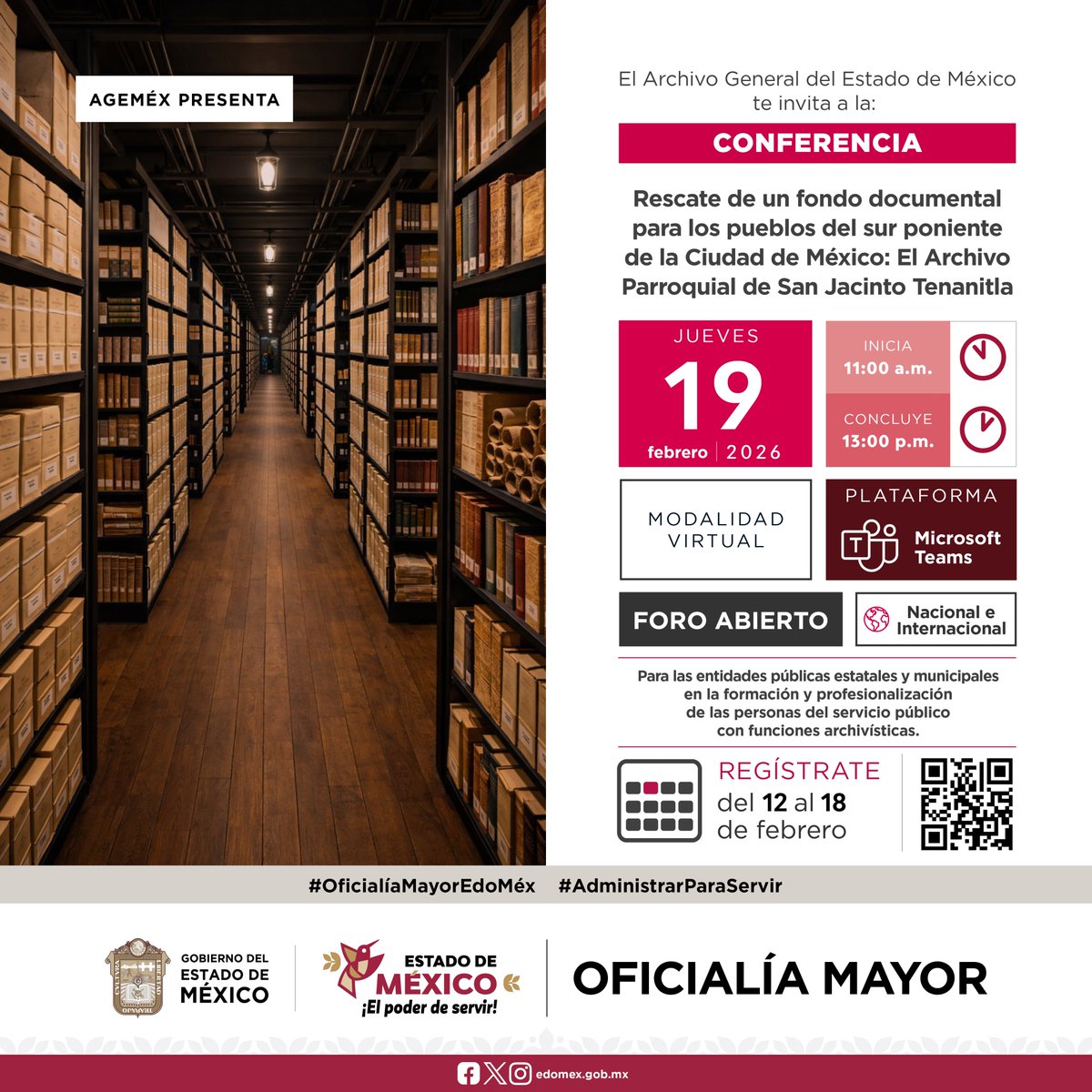 agem_mex's tweet photo. El @agem_mex te invita a participar en la #Conferencia "Rescate de un #FondoDocumental para los pueblos del sur poniente de la Ciudad de México: El #Archivo Parroquial de San Jacinto #Tenanitla".
Inscripciones del 12 al 18 de febrero en el QR
#AGEMÉXInforma
#ArchivosParaServir https://t.co/hXEtTqHHuR