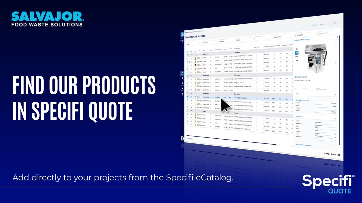 Salvajor food waste solutions are available in Specifi Quote, making it easy to access accurate product data for streamlined quoting.

Food waste handling shouldn’t be an afterthought in kitchen design. Build it into your quote from the start!

#SalvajorStrong #SpecifiQuote