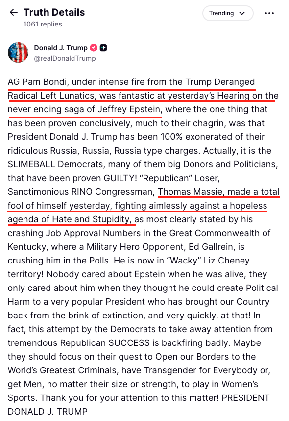 News2ATeam's tweet photo. We pulled this from Truth Social ourselves and marked it up ourselves.

@POTUS -- Mr. President, the performance of the stock market does not acquit the despicable acts documented in the Epstein files. Americans want accountability. This is a massive blow to our confidence in this administration.