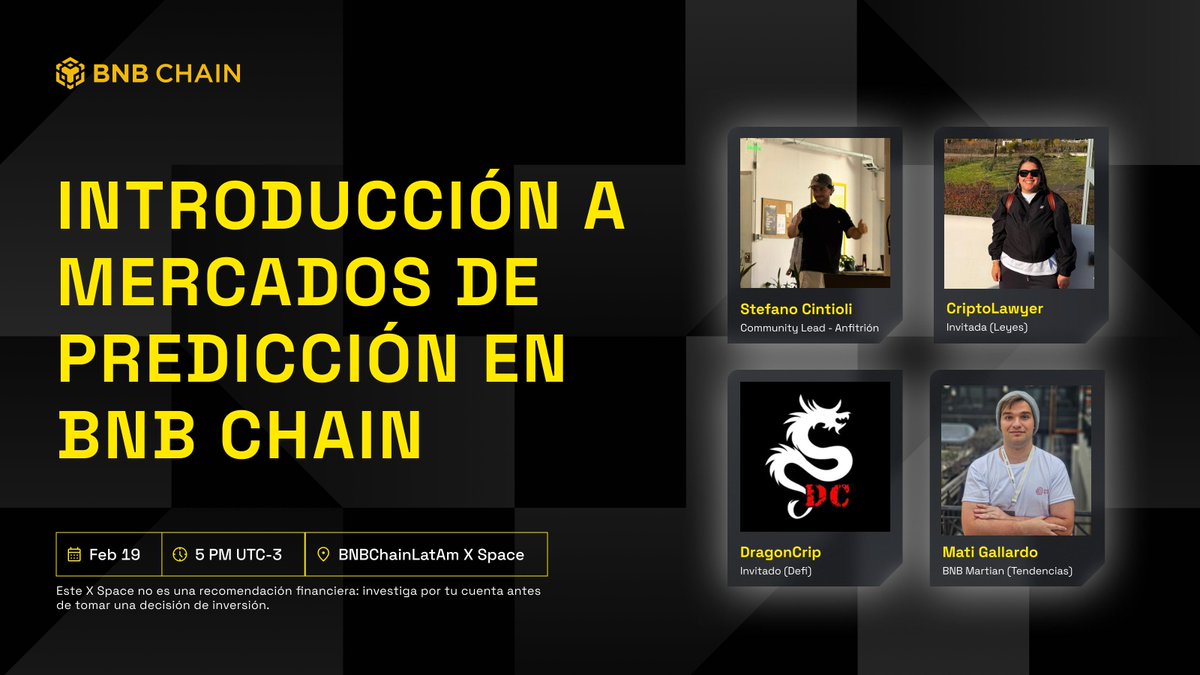 Mercados de Predicción: Análisis de Infraestructura, DeFi y Legales.

Realizaremos una sesión técnica y educativa para entender el crecimiento de este sector, el impacto de la actualización Fermi y los desafíos regulatorios.

🗓️ Jueves 19 Feb | 17:00 (ARG/BRA) 

📍 <a href="/BNBChainLatAm/">BNB Chain LatAm</a>