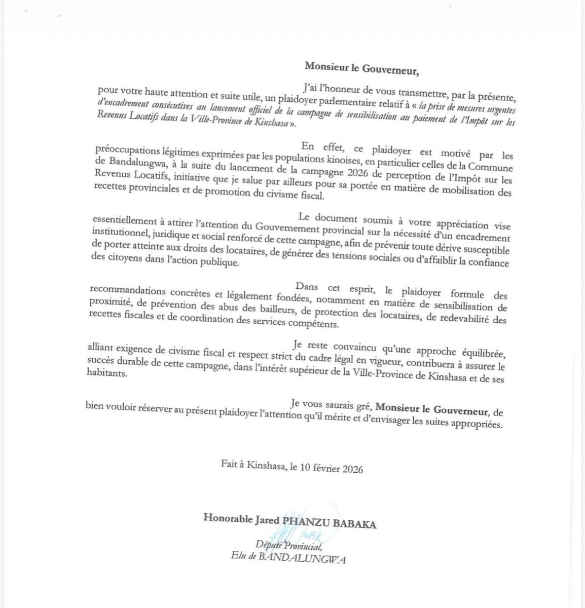 #RDC #KINSHASA : Nous avons, à travers une note de plaidoyer parlementaire, saisi le Gouvernement provincial afin de recommander un encadrement strict de l’Impôt sur les Revenus Locatifs, dans le but de protéger les locataires à Kinshasa.

Nous avons également appelé à la mise en