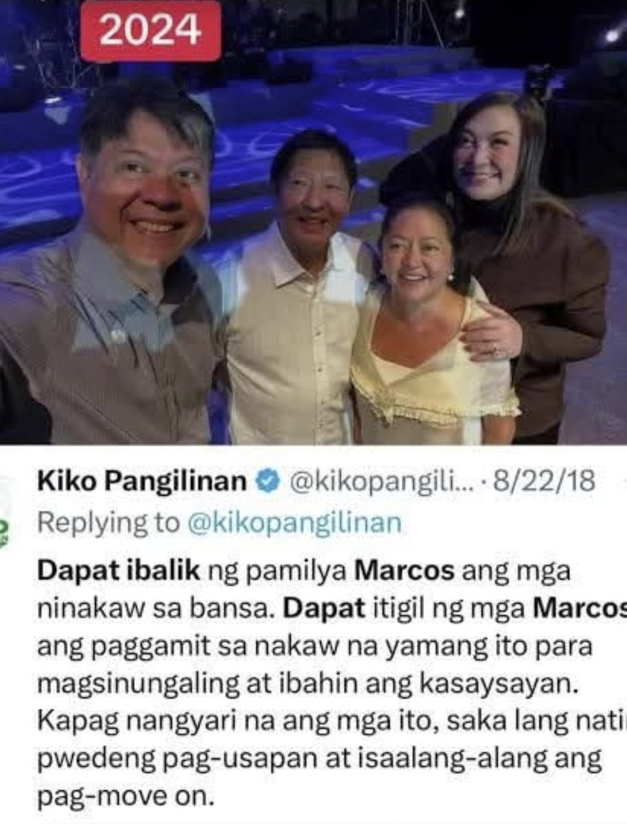Dear Sharon,

'Di namin makakalimutan itong post ni Kiko noong 2018, ha. Anti-Marcos siya, simula't sapul, panahon pa ng #EDSA1986. Pero bakit nag-iba ang ihip ng hangin? Ngayon, nakiki-party na kayo sa Malacañang kasama si BBM. Wow, may tawag diyan, "H" ang simula ng salita.🤭