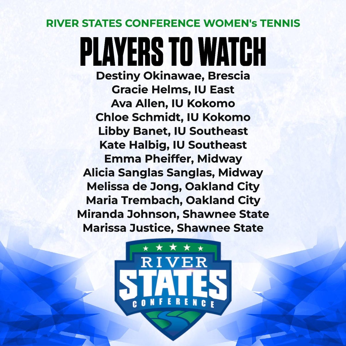 RiverStatesConf's tweet photo. The RSC will look at tennis season today, spotlighting teams and athletes from across the conference!

Today, we unveil our tennis Players to Watch, with athletes from each conference school recognized!

Stay tuned for Media Days throughout the day! https://t.co/SLdpVG7ZqD