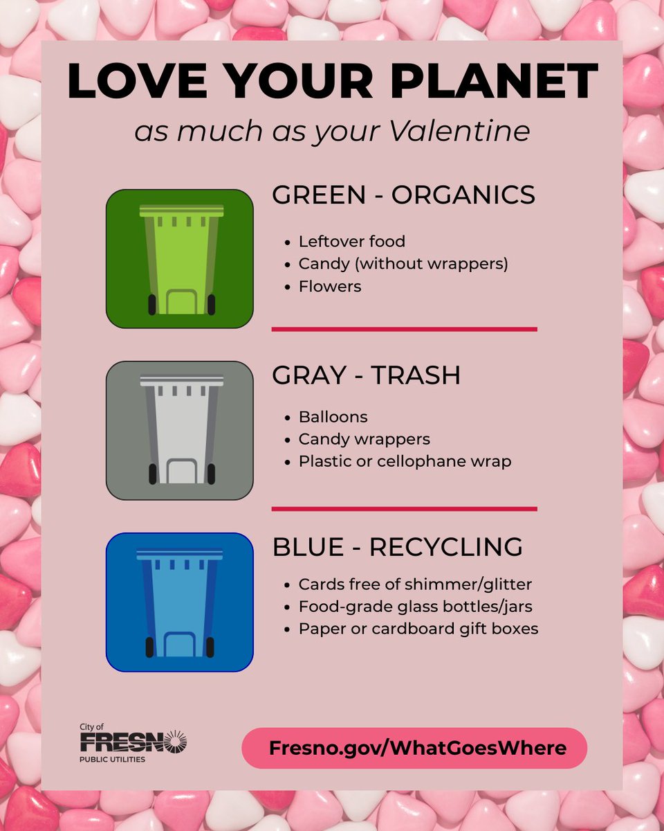 Love your planet like your Valentine! When sharing cards, treats &amp; gifts, sort right: 
 
GREEN: leftovers, candy (without wrappers), flowers
GRAY: balloons, candy wrappers
Blue: cards free of glitter, glass jars, paper/cardboard boxes
 
Spread the love: Fresno.gov/Recycle