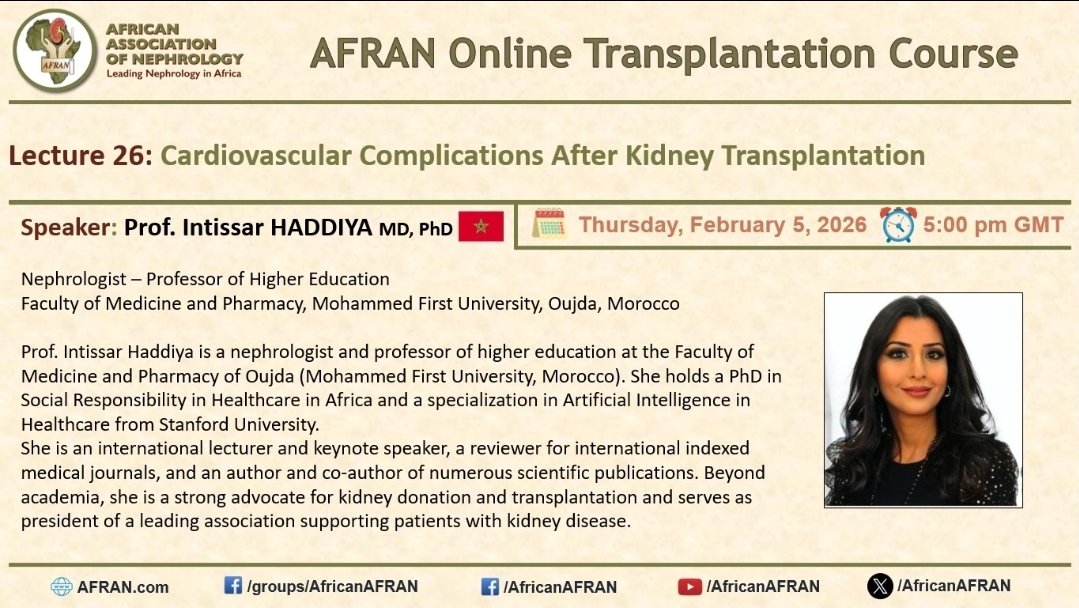 HaddiyaIntissar's tweet image. It was with great pleasure that I recently led, as part of the online courses of the African Association of Nephrology #AFRAN, a lecture devoted to cardiovascular complications after #kidney #transplantation.
@AfricanAFRAN @ISNkidneycare
@ISNeducation @com_SFNDT @ERAkidney