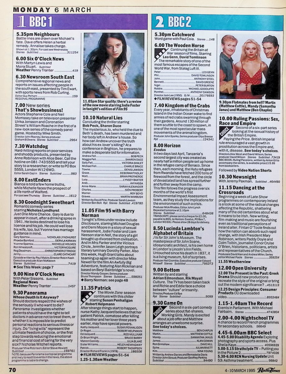 TvDidYouSee's tweet photo. #OnThisDay 6 March 1995 📺TV Listings
There's a shock for Steve in #CoronationStreet and Bianca's told some home truths in #EastEnders.
#WilliamRoache plays THAT'S SHOWBUSINESS and #BobbyDavro's on TALKING TELEPHONE NUMBERS.
#AnnMitchell stars in the sequel to Widows, SHE'S OUT. https://t.co/sKRuHzI3rP