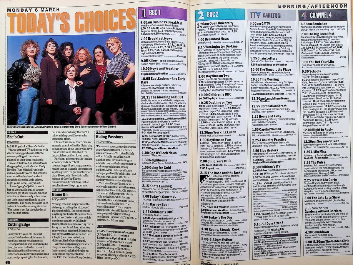 TvDidYouSee's tweet photo. #OnThisDay 6 March 1995 📺TV Listings
There's a shock for Steve in #CoronationStreet and Bianca's told some home truths in #EastEnders.
#WilliamRoache plays THAT'S SHOWBUSINESS and #BobbyDavro's on TALKING TELEPHONE NUMBERS.
#AnnMitchell stars in the sequel to Widows, SHE'S OUT. https://t.co/sKRuHzI3rP