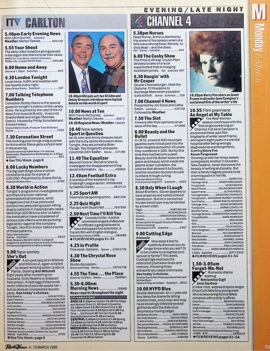 TvDidYouSee's tweet photo. #OnThisDay 6 March 1995 📺TV Listings
There's a shock for Steve in #CoronationStreet and Bianca's told some home truths in #EastEnders.
#WilliamRoache plays THAT'S SHOWBUSINESS and #BobbyDavro's on TALKING TELEPHONE NUMBERS.
#AnnMitchell stars in the sequel to Widows, SHE'S OUT. https://t.co/sKRuHzI3rP