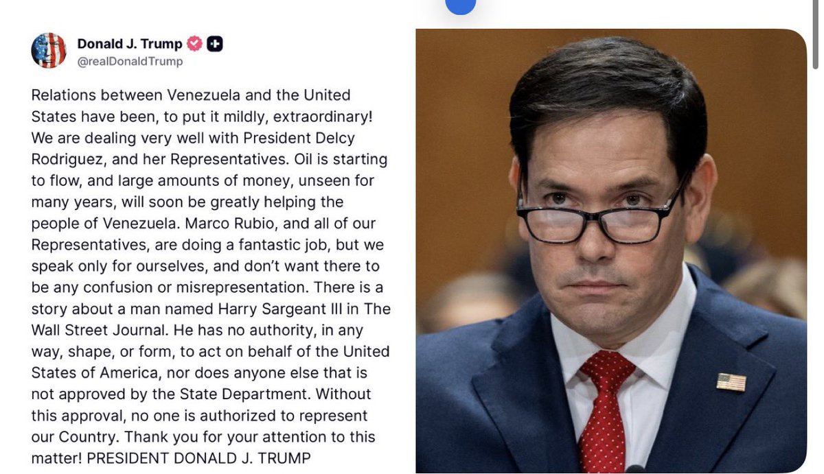 Jhonffonseca's tweet photo. 🇺🇸🇻🇪¡Gran reconocimiento al secretario Marco Rubio! 

Las relaciones con Venezuela mejoran rápidamente. El petróleo ya fluye y pronto llegarán cantidades históricas de dinero que beneficiarán enormemente al pueblo venezolano.

¡Marco y nuestro equipo hacen un trabajo fantástico!

Solo hablamos por Estados Unidos con aprobación del Departamento de Estado. Harry Sargeant III no tiene autoridad para representarnos. Nadie sin esa aprobación la tiene.

¡Gracias!

PRESIDENTE DONALD J. TRUMP