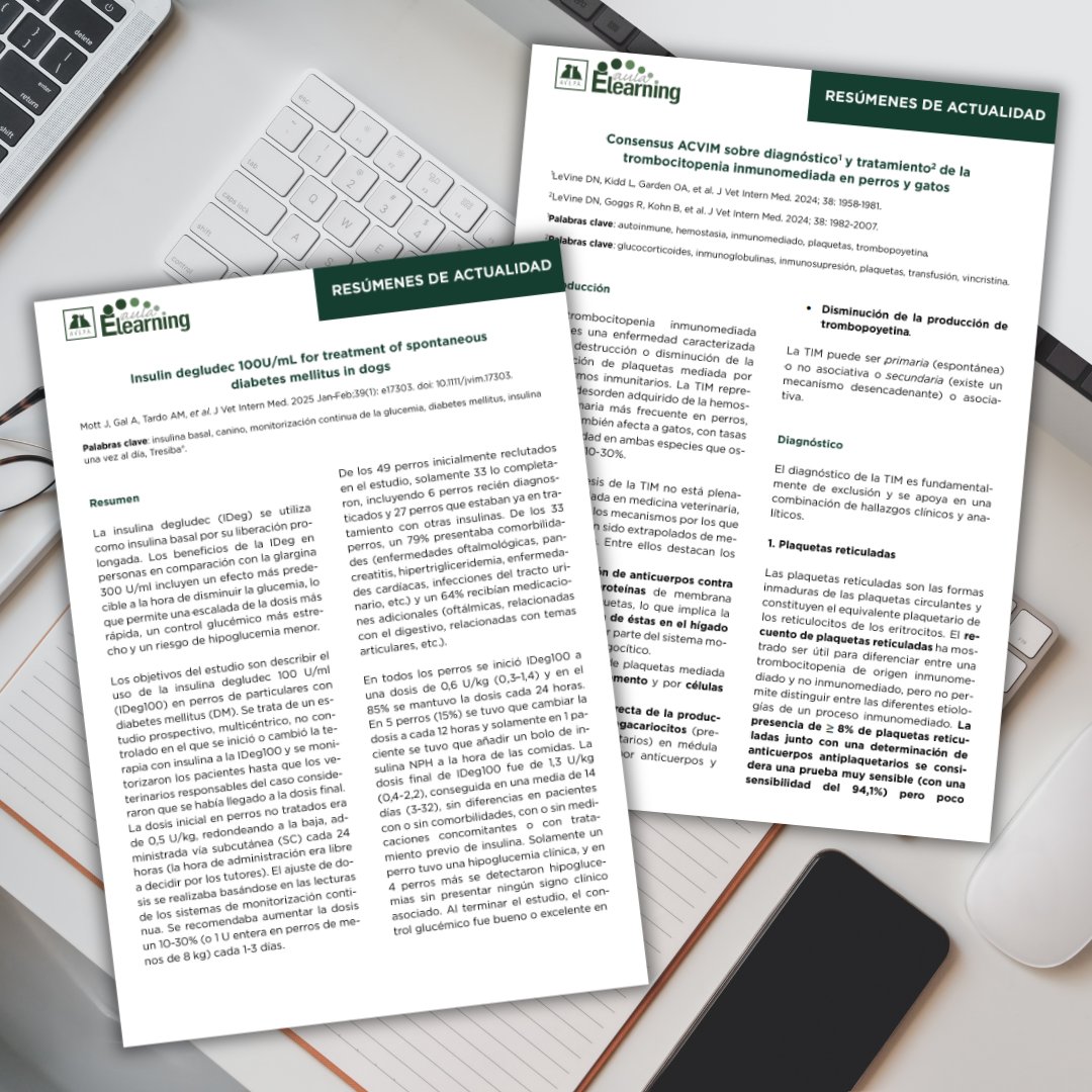 🗞️ Dos nuevos resúmenes de actualidad veterinaria en AVEPA Elearning sobre el diagnóstico y tratamiento de la trombocitopenia inmunomediada en perros y gatos y sobre el uso de la insulina degludec en perros con diabetes mellitus.

👉¡No os los perdáis! formacion.avepaelearning.com/course/index.p…