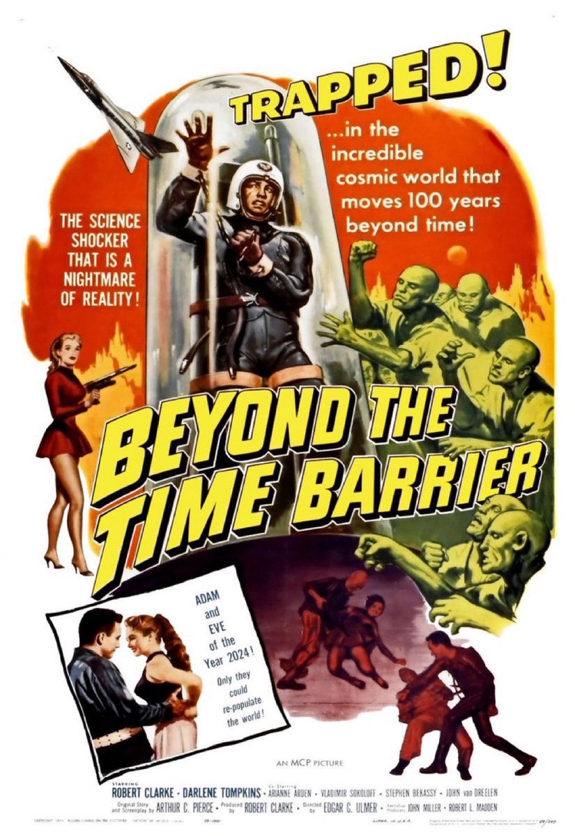 GabeCrate's tweet photo. ☢️#149. Beyond the Time Barrier, 1960. Ignoring numerous context clues (city ruins, mutants), befuddled test pilot #RobertClark spends the exposition heavy runtime playing catch up with the basic time travel plot. Charming retro visuals/score, but ultimately quite bland. 2/5 ☢️ https://t.co/0UG7n6plY3