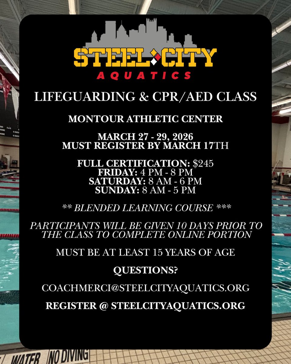 STEELaquatics's tweet photo. Lifeguarding &amp; CPR/AED Class

March 27 - 29, 2026 - Montour Athletic Center
 - Friday: 4 pm - 8 PM
 - Saturday: 8 AM - 6 PM
 - Sunday: 8 AM - 5 PM

Full Certification: $245

Register Here --> https://t.co/GRgmwpfzeK
@MontourSD 
@MoonAreaSD 
@SouthFayetteSD https://t.co/LrqZzjEXZj