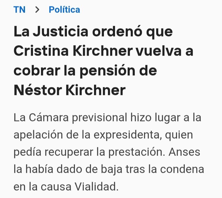 Esto es un escándalo. La justicia hizo lugar al pedido de la condenada para volver a cobrar la pensión de Néstor. Mientras los jubilados son indigentes ella que se robó el país cobrará millones. Imperdonable.