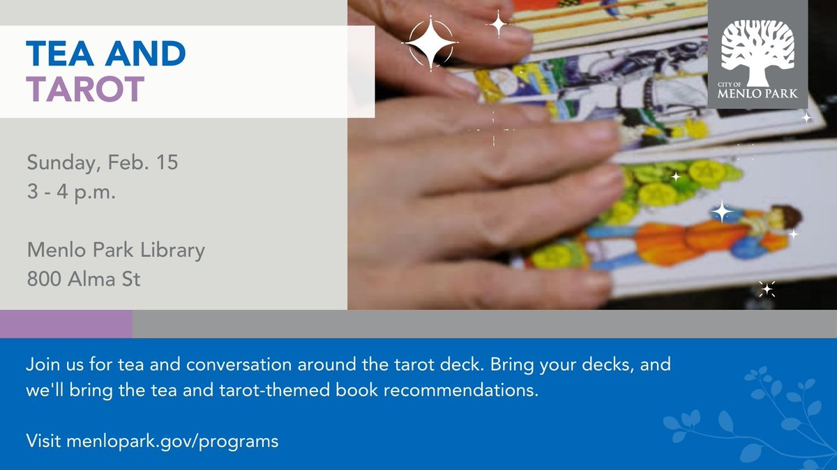 MenloLibrary's tweet image. Our monthly Tea &amp;amp; Tarot get-together happens this Sunday afternoon, Feb. 15! Grab your deck and join us for tea and conversation. bit.ly/4iYe1vf