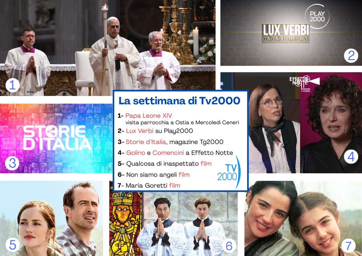 📨#Newsletter #Tv2000
Dal #12febbraio

🇻🇦 #PapaLeoneXIV
visita parrocchia a #Ostia e Mercoledì #Ceneri
✅Valeria #Golino e Francesca #Comencini 
a ‘Effetto notte’ <a href="/fabio_falzone/">Fabio Falzone</a> 
✅Silvio Garattini a <a href="/SOULTv2000/">SOUL</a> <a href="/Monicamondo/">Monica mondo</a> 
 📺'Storie d’Italia’ <a href="/tg2000it/">TG2000</a>
🎬#TheChosen la 3°