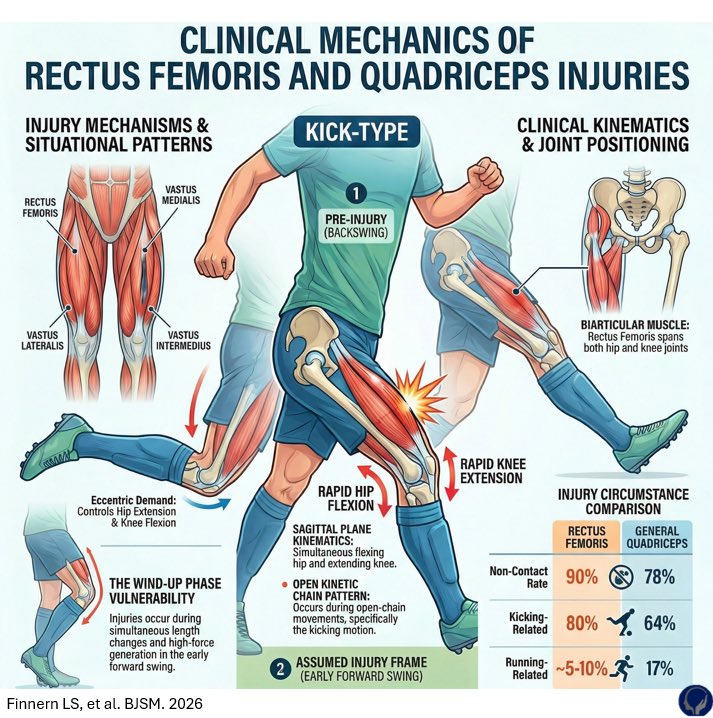 MikeReiman's tweet image. Quadriceps &amp;amp; Rectus Femoris Injuries
Primary Demand: 
Kicking and Reaching maneuvers

Primary Muscle Action: 
Quadriceps: Eccentric control of hip extension/knee flexion during wind-up

Prevalence Context:
Kicking dominant (80% for Rectus Femoris)
#rehab #quad #athlete #soccer