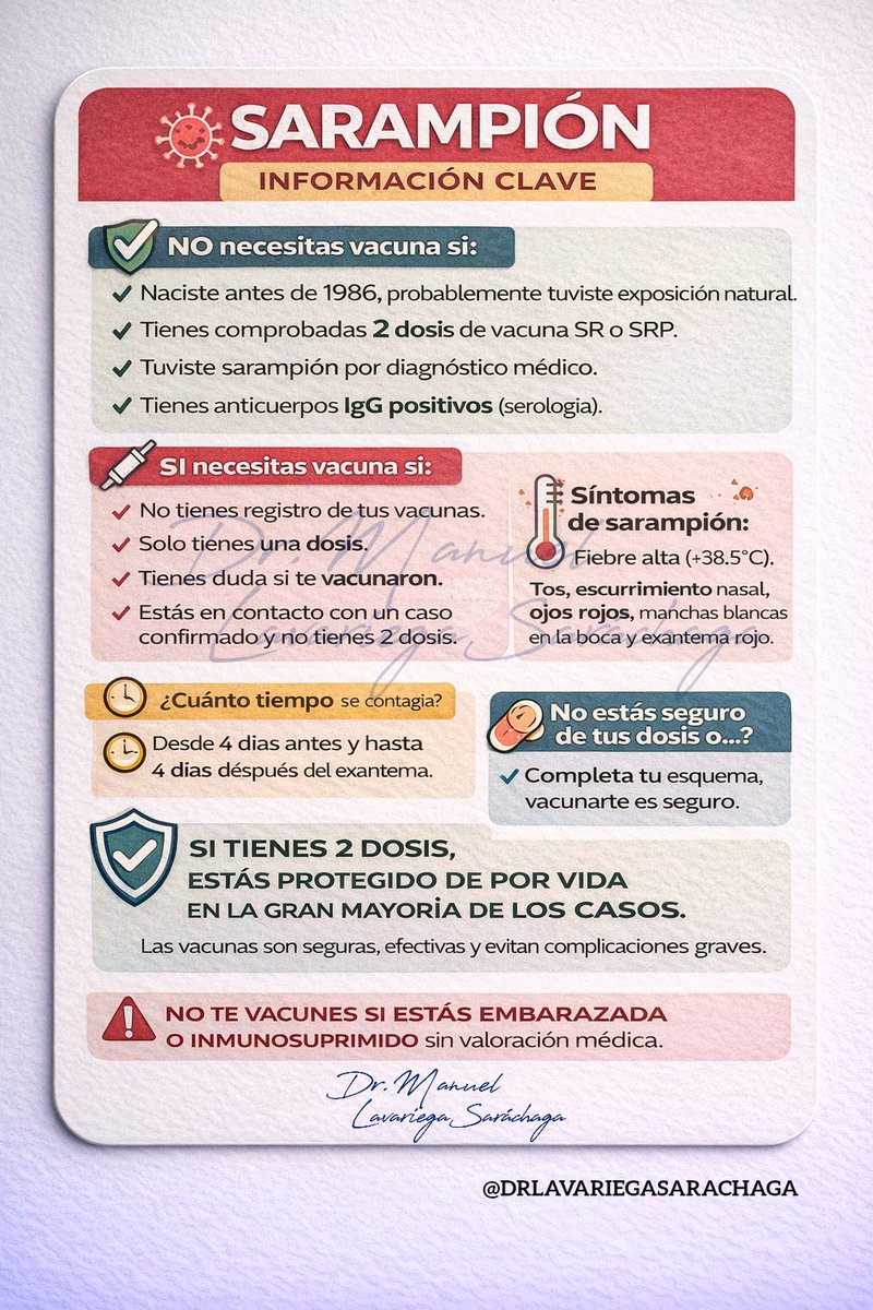 🔴 SARAMPION 📢

Comparte esta información para que estemos orientados.
No generemos pánico ni desinformación.

Si tienes tu esquema completo, estás protegido.

No es necesario saturar los puntos de vacunación; lo importante es conocer tu situación y actuar con calma y criterio.