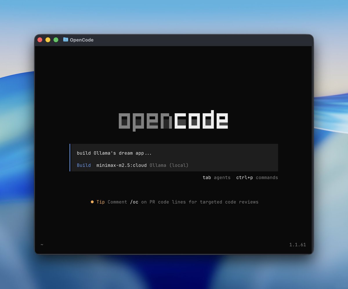 MiniMax M2.5 is on Ollama's cloud! 

ollama run minimax-m2.5:cloud 

Use MiniMax M2.5 with OpenCode, Claude Code, Codex, OpenClaw via ollama launch!

OpenCode:
ollama launch opencode --model minimax-m2.5:cloud

Claude:  
ollama launch claude --model glm-5:cloud