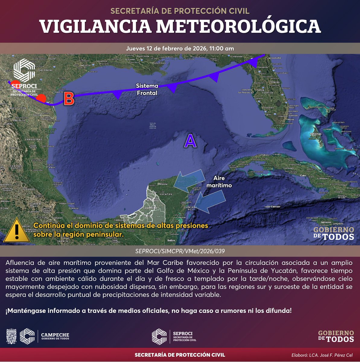 Tiempo estable con precipitaciones puntuales en las regiones sur y suroeste; ambiente cálido durante el día y de fresco a templado por la tarde/noche. No se descartan lloviznas escasas en el resto de la entidad.

<a href="/anuardager/">Ánuar Dáger Granja</a> <a href="/LaydaSansores/">Layda Sansores</a> <a href="/UCSCampeche/">Gobierno de Campeche</a> 

#CampecheGobiernoDeTodos