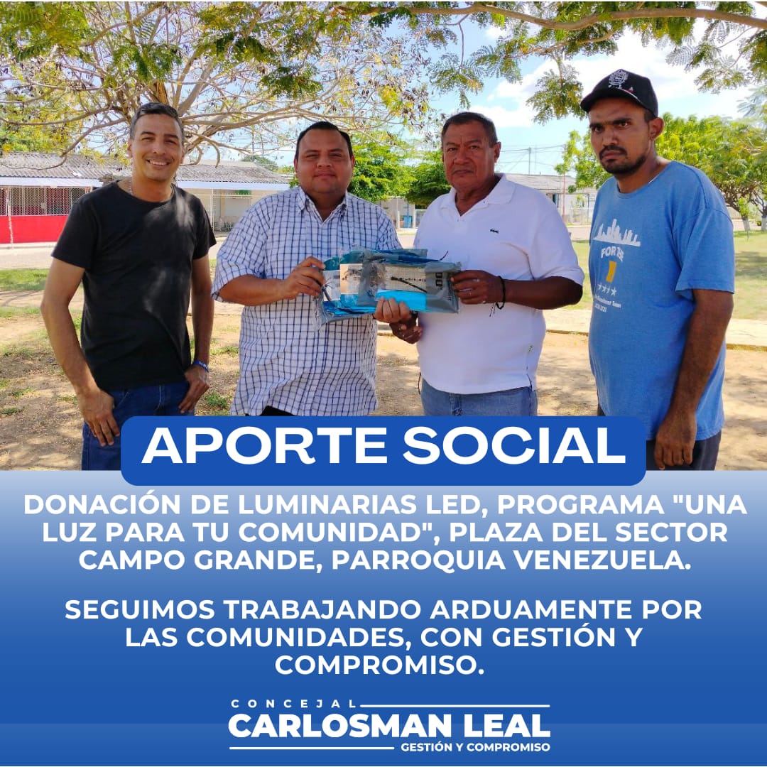 Recientemente, realizamos una donación de luminarias para la plaza del sec. Campo Grande, Pq. Venezuela, en el marco de nuestro programa "Una luz para tu comunidad"

Seguimos trabajando arduamente por las comunidades, con Gestión y Compromiso.
#Lagunillas
#GestionyCompromiso