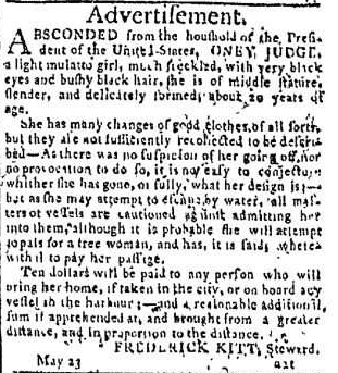 MsGo's tweet photo. #BlackHistoryMonth
#OneyJudge wasn't 9 years old when she escaped enslavement. She was 20.
This is the actual ad #GeorgeWashington placed in the paper in 1796 (on the right column) and transcript.
She was hunted, and evaded recapture until the end of his days. https://t.co/50uHcaaqS3