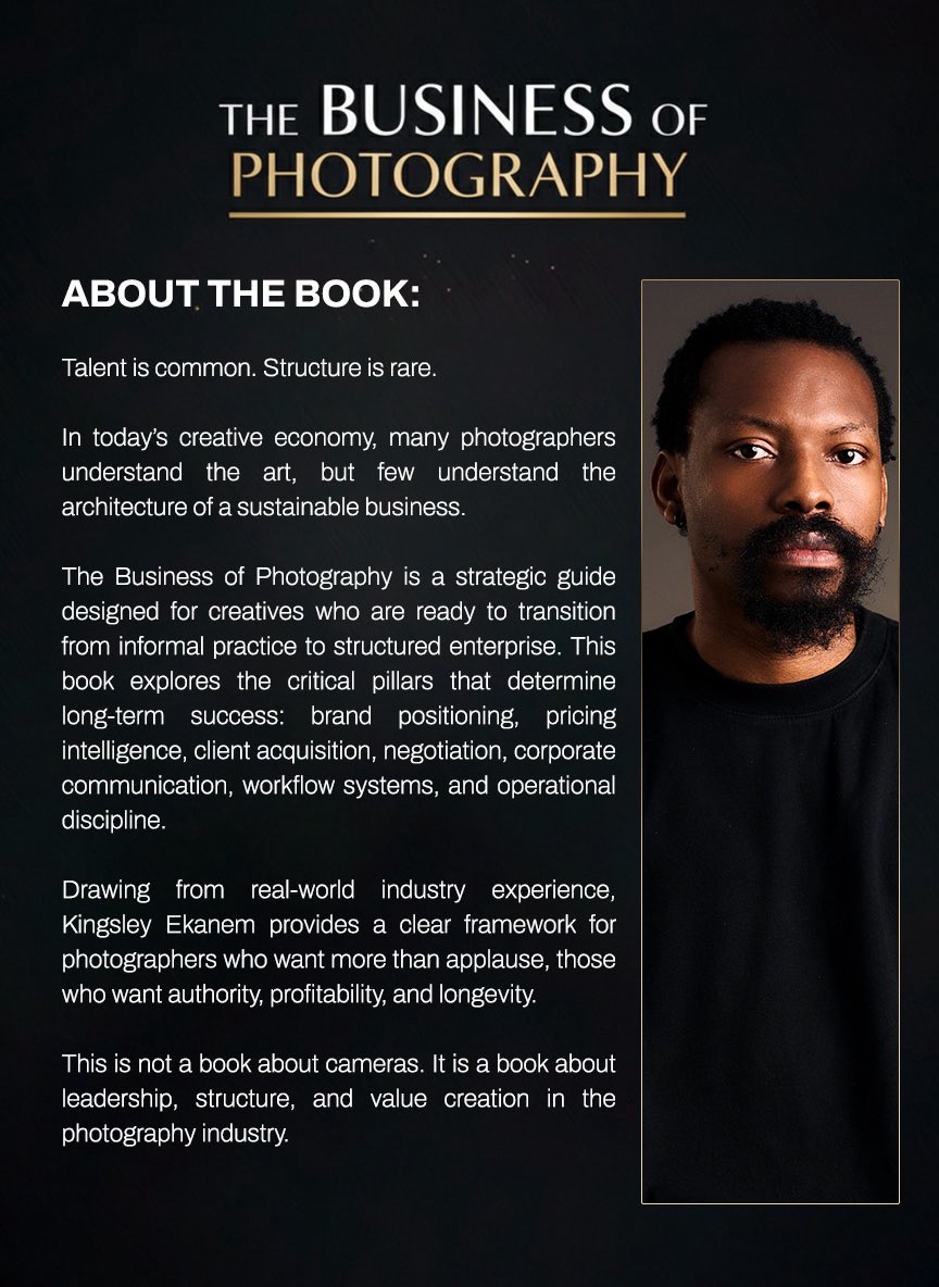 Excited to officially share the Front and Back Cover of my book, 

THE BUSINESS OF PHOTOGRAPHY.

This is more than a photography book.
It is a practical guide on structure, positioning, pricing, branding, corporate communication, and building a sustainable creative enterprise.