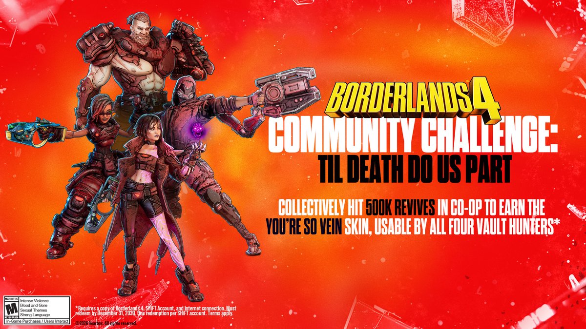 Love is picking up your squadmates when they're downed 💞

From Feb. 12-16, if you collectively hit 500K revives in co-op, we'll drop a SHiFT code for the "You're So Vein" Vault Hunter skin, usable by all four Vault Hunters!