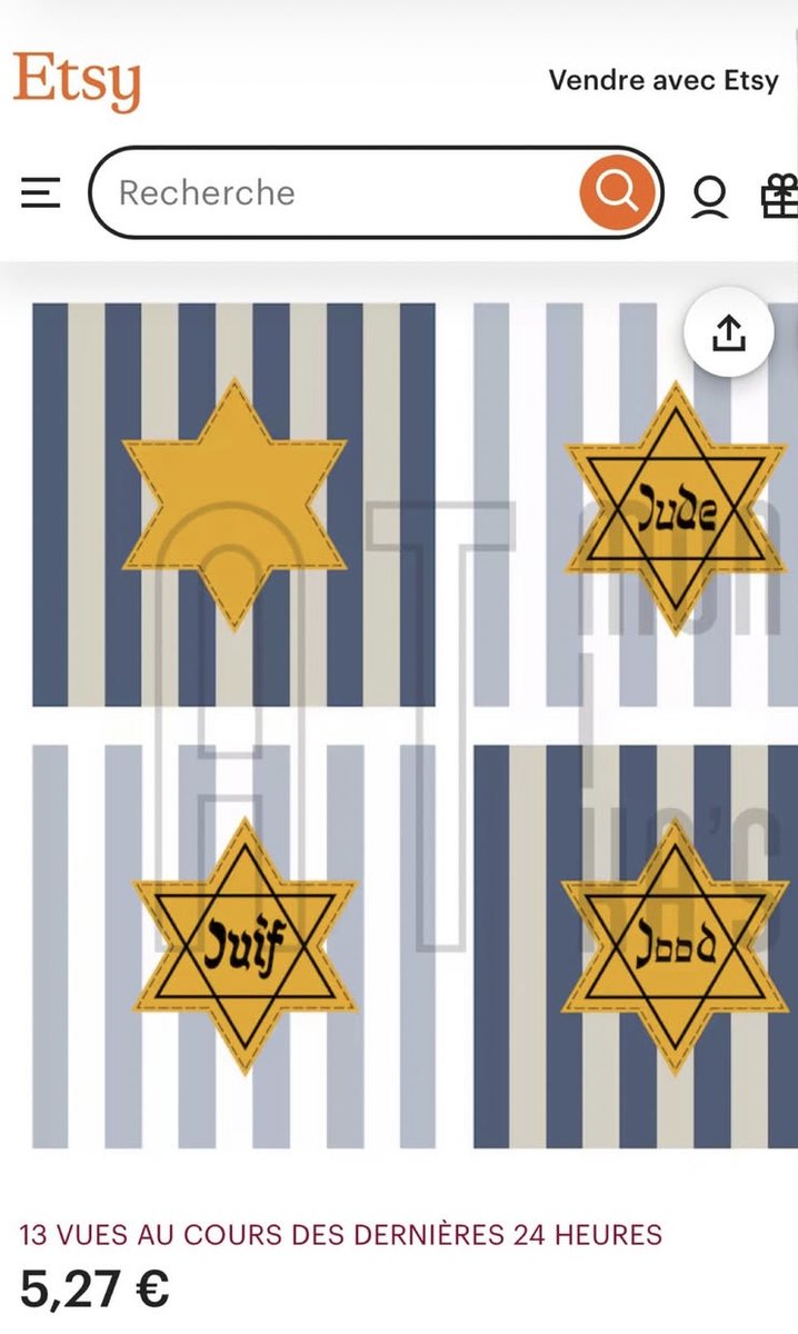 SHOCKING: Etsy is selling yellow Stars of David on its platform.

The online marketplace is selling pins, stickers, and badges with the yellow Star of David marked “Jude,” some even on a white and blue striped background reminiscent of the uniforms worn by Jews in Nazi
