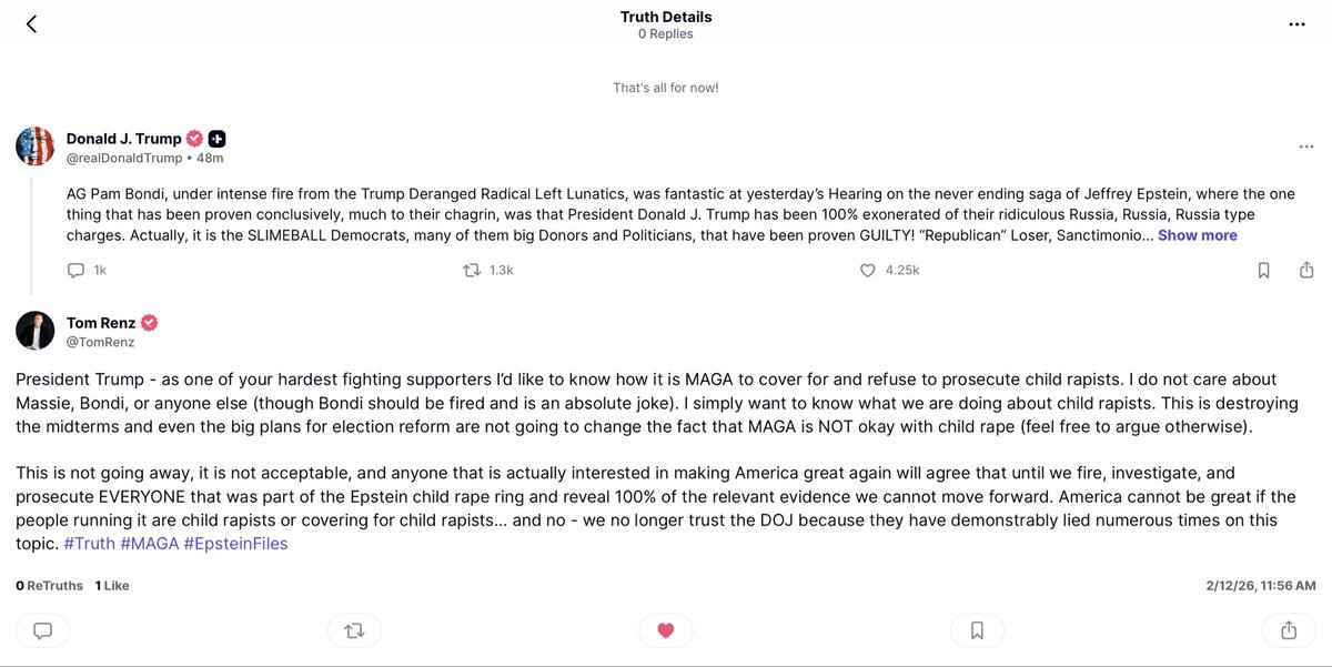 This is my response on Truth Social to <a href="/realDonaldTrump/">Donald J. Trump</a> defending the absolute disaster that was Pam Bondi at the Congressional Hearing on Epstein yesterday. 

You cannot MAGA if you allow child rapists to run free and you cannot MAGA if you allow child rapists to run your