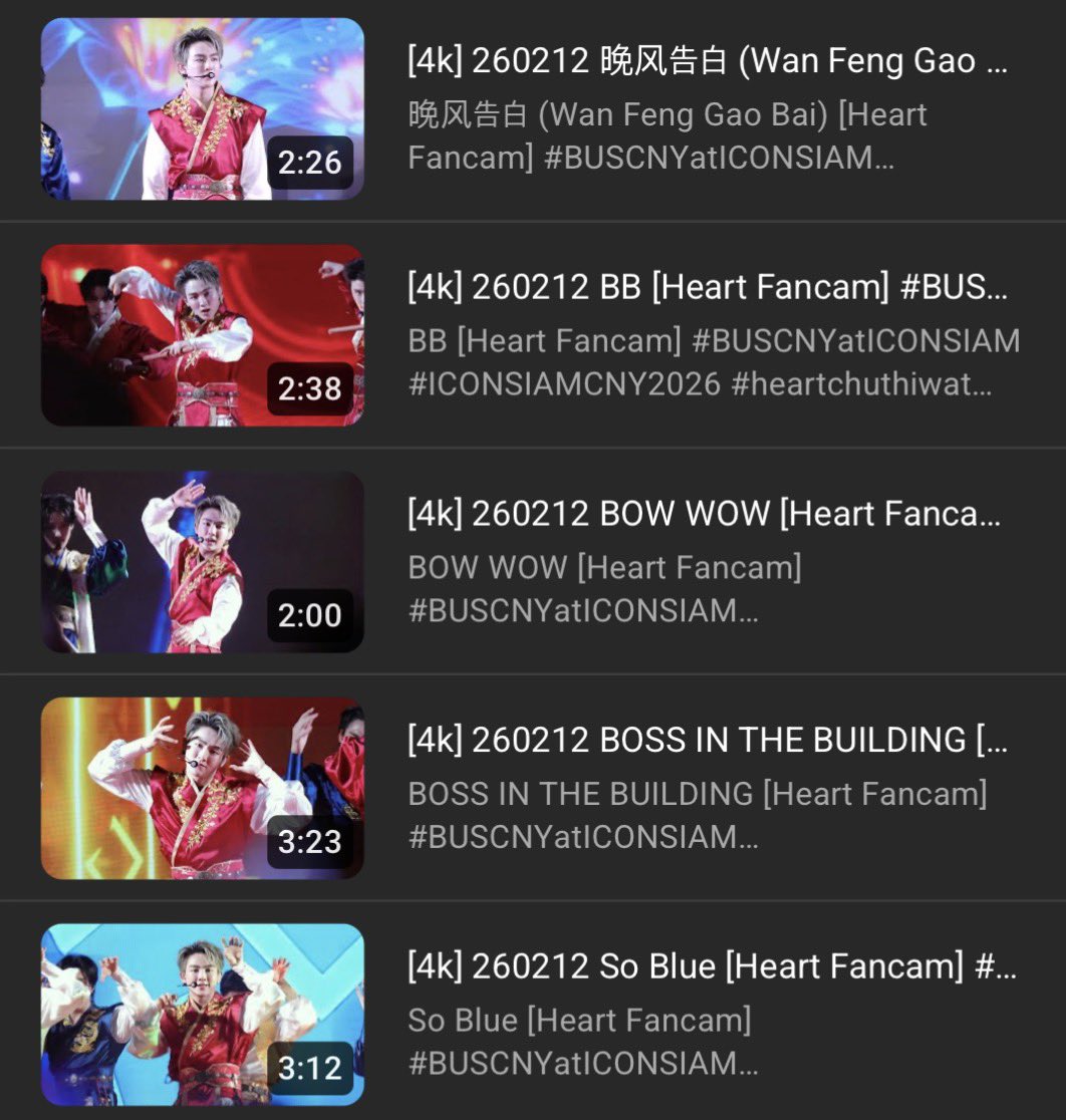 260212❤️| [Heart Focus] #HEARTchuthiwat <a href="/heartchuthiwat/">ฮาร์ทชู่ววว🫶🏻</a> 
#BUSCNYatICONSIAM

❣︎ So Blue
❥ youtu.be/IiEO8Wo0tPI

❣︎ BOSS IN THE BUILDING
❥ youtu.be/hAwgKzKWD7M

❣︎ BB
❥ youtu.be/GyAJ8oq_dko

❣︎ BOW WOW
❥ youtu.be/315hPUSdahM

❣︎ 晚风告白 (Wan Feng Gao Bai)