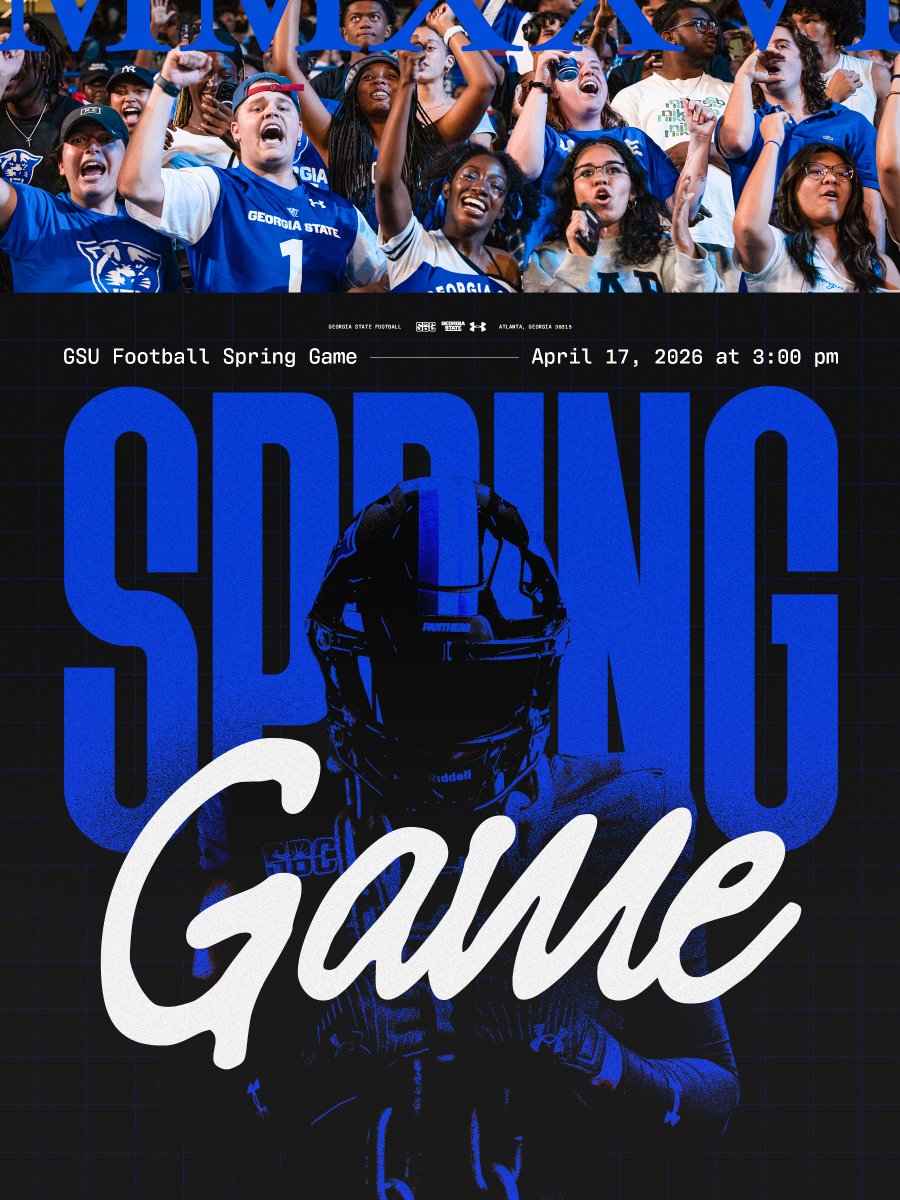 GeorgiaStateFB's tweet photo. Spring is almost here! 🌤️🏈

GSU Football Spring Game 
🔹 April 17, 2026, at 3:00 PM
🔹 Admission is free for all!

#LightItBlue | #NewAtlanta