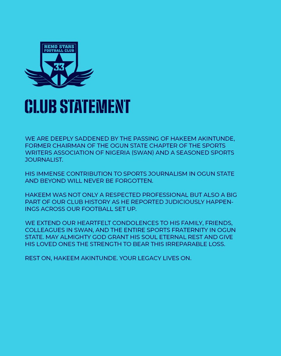 Club Statement on the demise of veteran Sports Journalists, Alh. Hakeem Akintunde 🕊️