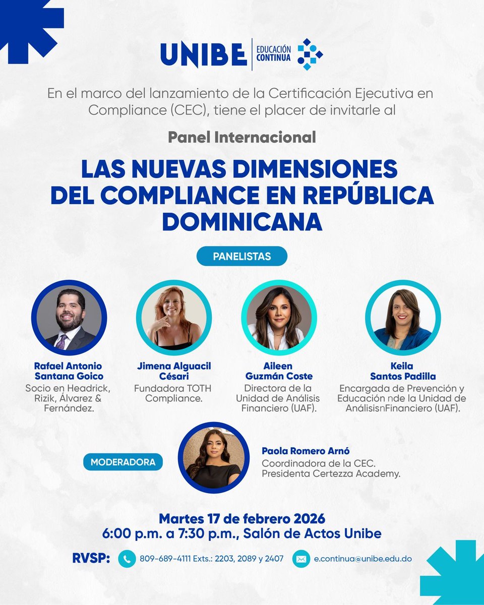 Nos complace anunciar que nuestro socio Rafael Santana Goico participará como panelista en el conversatorio “Las nuevas dimensiones del compliance en República Dominicana”, el cual está pautado para el martes 17 de febrero de 2026, a partir de las 6:00 p.m., en el Salón de Actos
