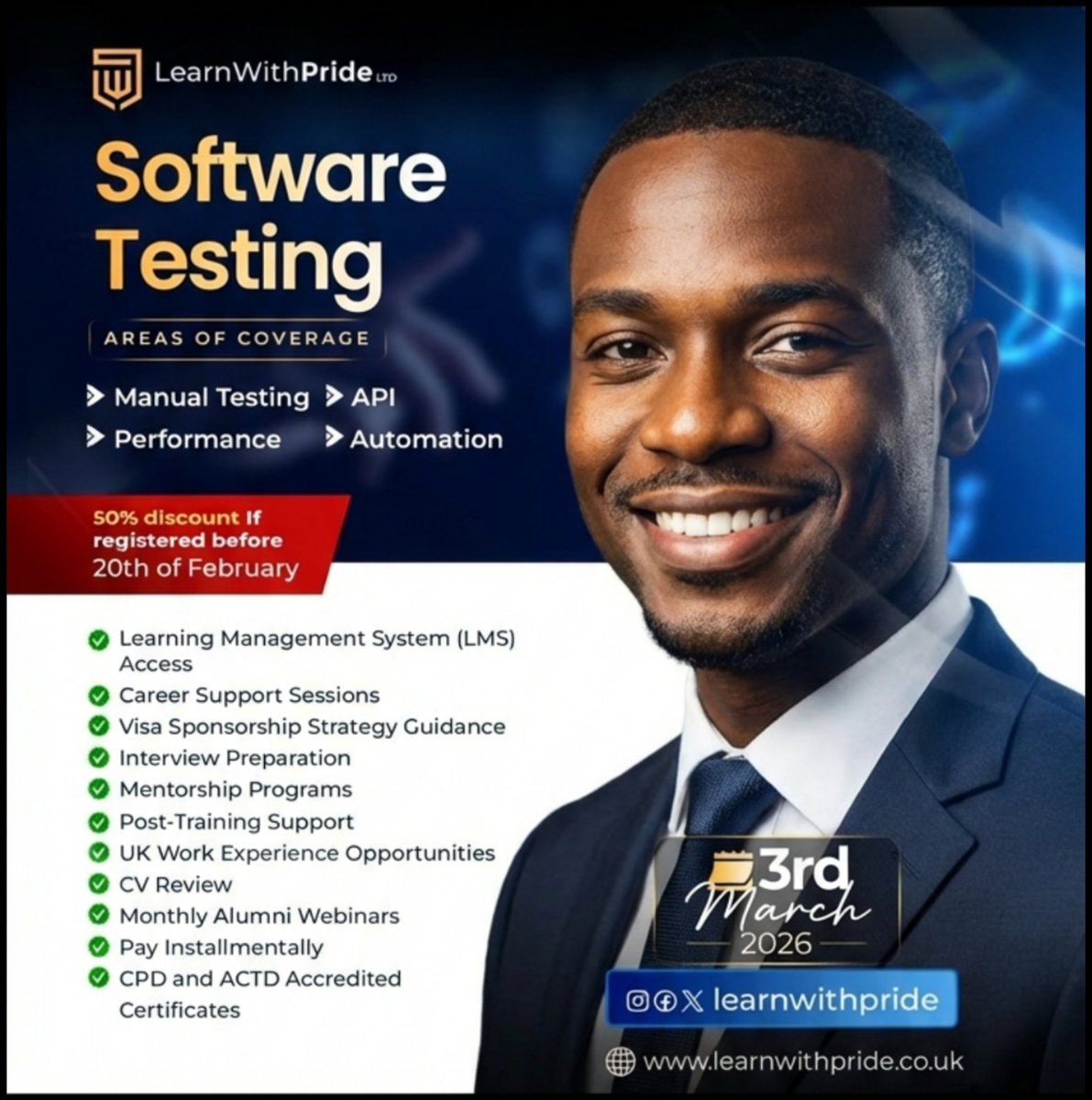 learnwithpride's tweet photo. If you’ve been thinking about starting a career in tech, this might be your sign.  

Our Software Testing course is back for 2026, and we’re making it easier than ever to get started.

Register before 20th February and get 50% off.  

Classes kick off 3rd March 2026. https://t.co/Drq6JyqDzm