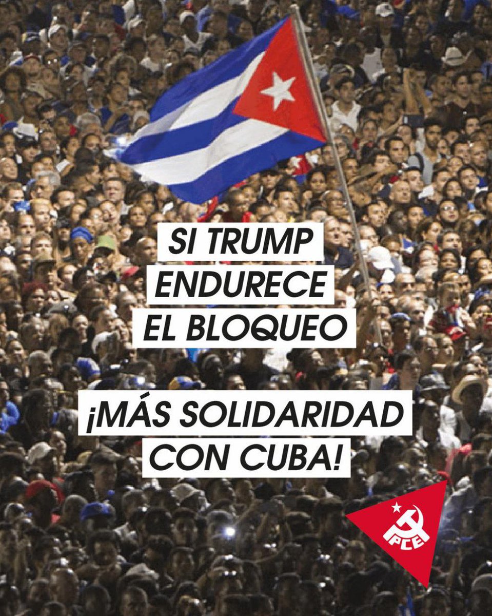 ¡Hay que poner fin a las agresiones de EEUU contra #Cuba!

Partidos comunistas y obreros de todo el mundo expresamos nuestro apoyo a Cuba y llamamos a condenar el cerco criminal impuesto por Trump.

¡Cuba no está sola! 
¡Cuba vencerá! 🇨🇺✌️

Más en el 🔗
pce.es/fin-a-las-agre…
