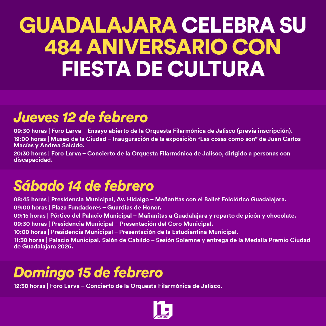 #TomaNota ✍️ Te compartimos el programa de actividades por el 484 aniversario de Guadalajara.

La Ciudad se vestirá de gala con 10 días de actividades culturales que llevarán a las y los tapatíos por un viaje en el tiempo.
