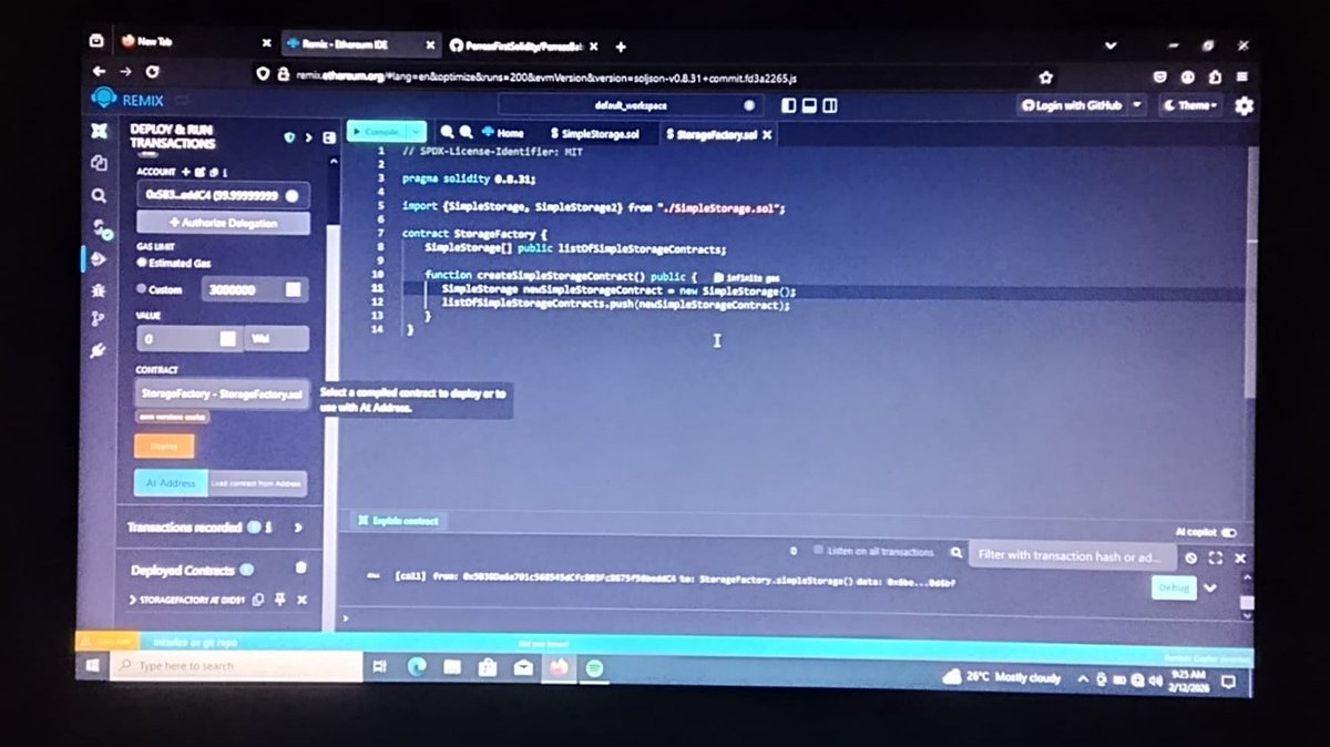 LordePerreas's tweet photo. Took a little break off posting on X
Came back hard and currently working on a Storage Factory contract via #RemixIDE and @CyfrinUpdraft
Next posts will be on deployment details so stay tuned... 🙃
#Blockchain #SmartContracts #Web3 https://t.co/xmM9RZNp2c