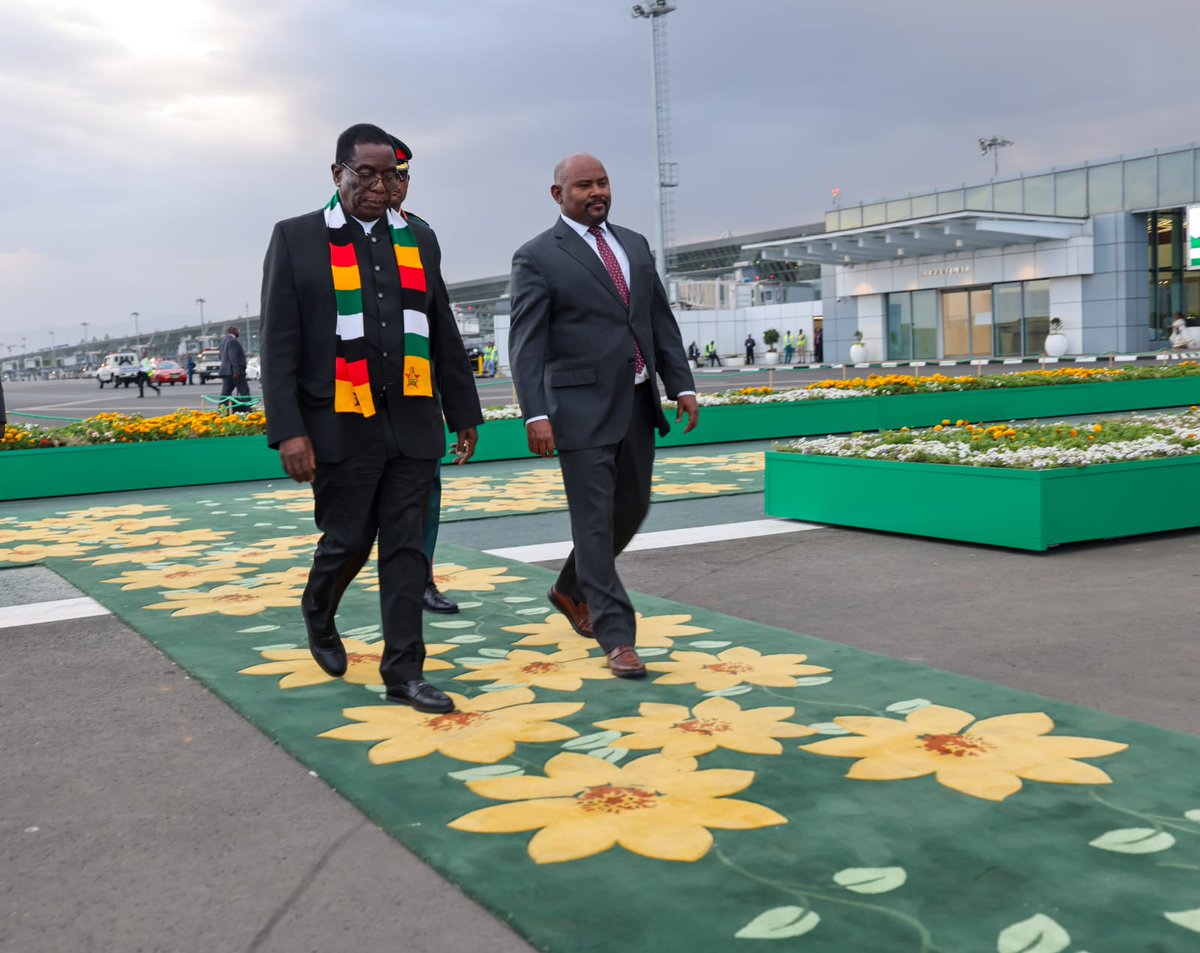 H.E. President Emmerson Mnangagwa has arrived in Addis Ababa 🇪🇹 for the AU’s 39th Ordinary Session of Heads of State &amp; Government. He was received at Bole International Airport by Ethiopia’s Minister of Innovation &amp; Technology, Hon. Belete Molla Getahun.
 #AU39 #Zimbabwe