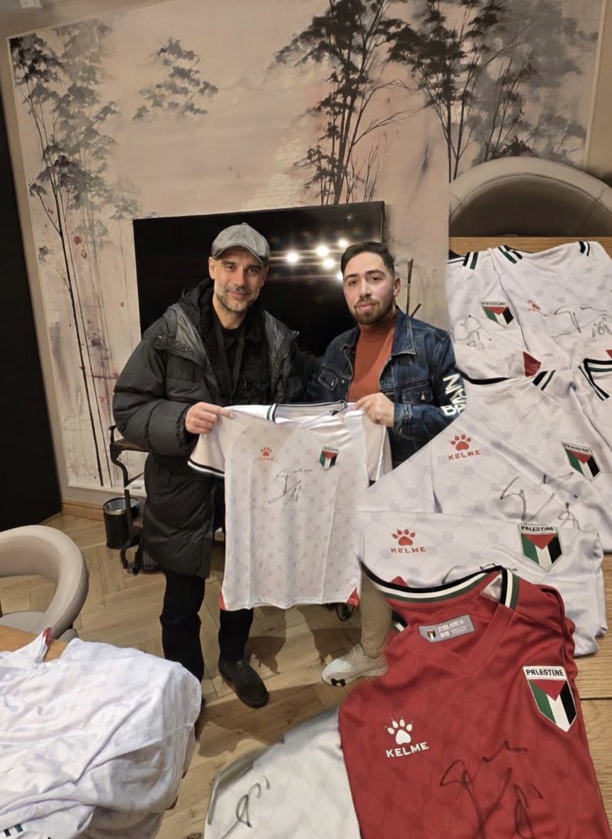 Pep Guardiola signed Palestine shirts for the Al Irada Amputee Football Team, where he has been accepted as an honorary head coach. 

Pep is truly a very valuable person; zionist pressure could not intimidate him.