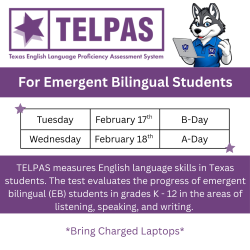WestburyHSHISD's tweet photo. 📢 TELPAS Testing
🗓 Feb 17 (B-Day)
🗓 Feb 18 (A-Day)
For Emergent Bilingual students.
Bring charged laptops!
Let’s show what we know, Huskies! 
#TELPAS #WHS #OnePackOnePurpose https://t.co/E9iXFZNr2q