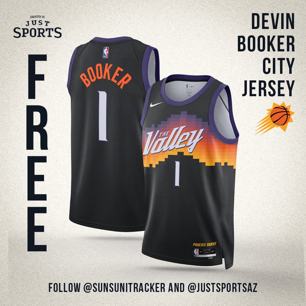 Back with another awesome giveaway with the always amazing <a href="/JustSportsAZ/">Just Sports</a>!!! 

This time we're giving away a Devin Booker City Edition jersey (that's THE VALLEY - Nike Swingman Edition, pictured) to one person who does the following:

-Follow 
<a href="/JustSportsAZ/">Just Sports</a>
 and 
<a href="/SunsUniTracker/">Suns Uniform Tracker</a>