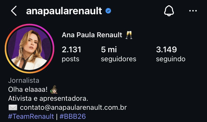 🚨PAPO SÉRIO AQUI RENAULTS 

Vocês acham que a Ana Paula consegue chegar a 10M de seguidores daqui pro fim do BBB26? #bbb26