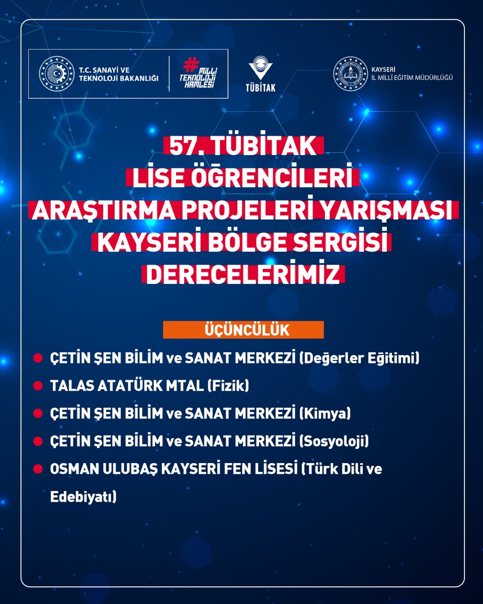 6 projemiz TÜBİTAK Türkiye finallerinde yarışmaya hak kazandı

🏆 6 projemiz Bölge Birincisi
🥈 3 projemiz Bölge İkincisi
🥉 5 projemiz Bölge Üçüncüsü oldu.

Öğrencilerimizi başarıya hazırlayan kıymetli öğretmenlerimize, destek veren okul yöneticilerimize ve büyük emek ortaya