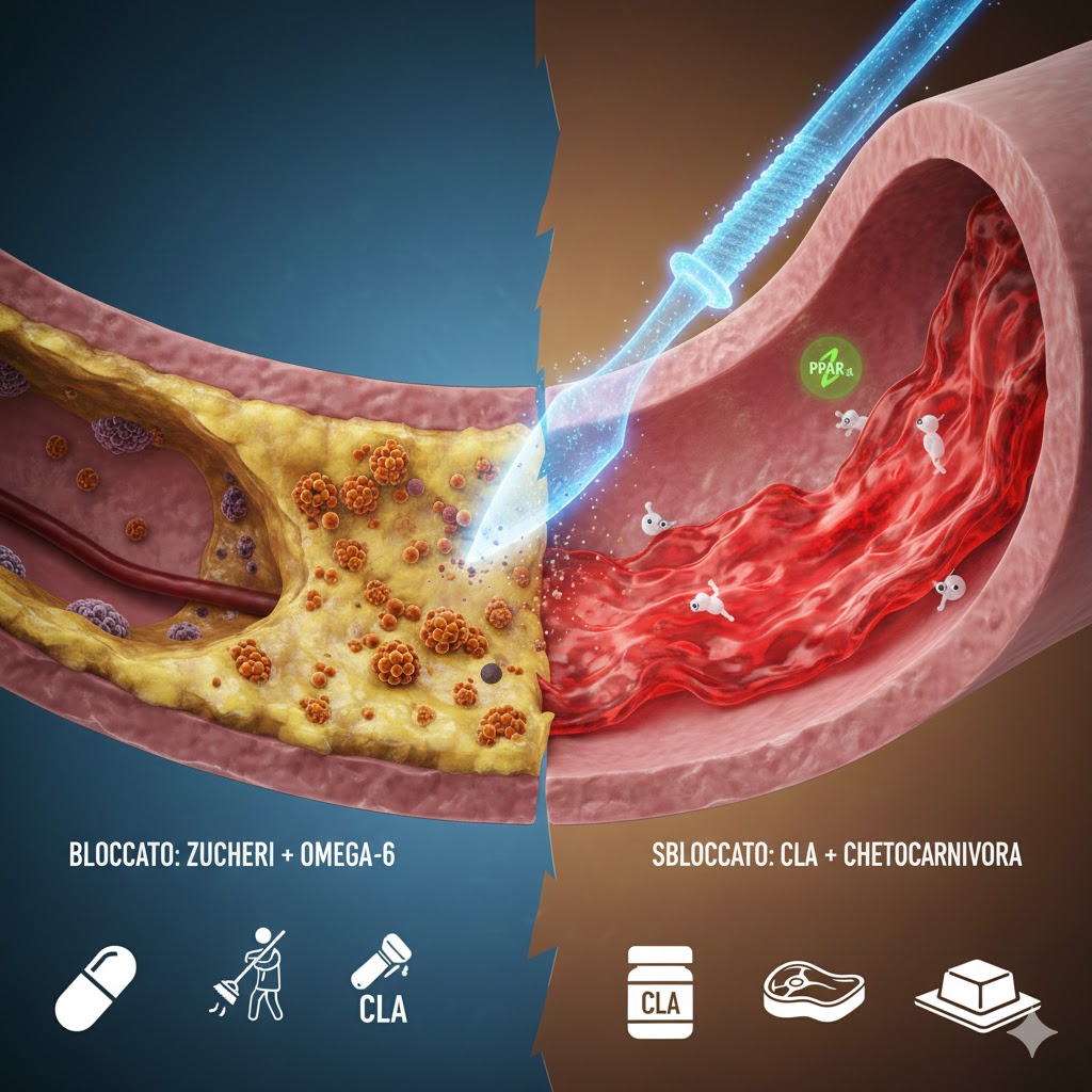 Bluefidel47's tweet photo. 🥩 CLA: IL CHIRURGO MOLECOLARE CHE PULISCE LE ARTERIE

🧪 PERCHÉ LA "VECCHIA SCIENZA" HA FALLITO E COME LA BIOCHIMICA DEI GRASSI ANIMALI PUÒ INVERTIRE L'ATEROSCLEROSI

Esiste una molecola, spesso demonizzata perché contenuta proprio in quei grassi animali che ci hanno insegnato a temere, che ha dimostrato una capacità straordinaria: non solo ferma l’avanzata delle malattie cardiovascolari, ma INDUCE LA REGRESSIONE QUASI COMPLETA DELLE PLACCHE GIÀ FORMATE.
 Parliamo del CLA (Acido Linoleico Coniugato).

🧬 Il Ruolo della ApoB e il "Miracolo" sui Topi Modificati
Per capire la portata di questo studio, dobbiamo parlare della ApoB (Apolipoproteina B).

Cos'è la ApoB: 
È la proteina strutturale che si trova su tutte le particelle lipoproteiche potenzialmente aterogene (LDL, VLDL, IDL). 
In parole povere, la ApoB è il "passaporto" che permette al colesterolo di entrare nelle pareti delle tue arterie.
Più particelle ApoB hai, più alto è il rischio che si formino placche.

L'esperimento estremo: 
I ricercatori hanno utilizzato cavie geneticamente modificate per essere prive di ApoE (il recettore che pulisce i grassi dal sangue), portandole ad avere livelli di ApoB e colesterolo altissimi.
 In queste condizioni, le arterie di questi animali si riempiono di placche grasse in pochissimo tempo: è lo scenario peggiore possibile, un'autostrada verso l'infarto.

Esattamente. 
Nello studio scientifico sono stati utilizzati i cosiddetti topi ApoE Knockout (ApoE -/-).

Ecco cosa significa tecnicamente e perché è così rilevante :
Chiariamo ancora una volta:
L'operazione genetica: I ricercatori hanno "spento" o rimosso il gene che produce la Apolipoproteina E (ApoE). 
Questa proteina è fondamentale perché funge da "chiave" per permettere al fegato di riconoscere, agganciare e smaltire i residui di grassi e colesterolo (chilomicroni e VLDL) dal sangue.

La conseguenza: 
Senza il recettore ApoE, questi topi non riescono a ripulire il sangue dai grassi.
 Il risultato è che sviluppano livelli di colesterolo altissimi e placche aterosclerotiche spontanee molto simili a quelle umane, anche mangiando una dieta normale.

Il valore del test: 
Usare topi senza ApoE serve a creare lo "scenario peggiore". 
Se un integratore come il CLA funziona in un organismo che geneticamente non riesce a gestire i grassi e che ha la ApoB (il trasportatore "cattivo") costantemente alta, significa che il meccanismo di riparazione del CLA è estremamente potente.

In breve: 
Hanno tolto la capacità naturale del topo di pulire le arterie, e il CLA ha fatto il lavoro al posto del sistema genetico mancante, disostruendo i vasi. 
È la prova che la biochimica giusta può vincere anche sulla predisposizione genetica o su analisi del sangue (ApoB alta) che terrorizzerebbero un medico tradizionale.

Il risultato con il CLA: 
Quando a queste cavie con arterie già devastate è stato somministrato il CLA, è successo l'impossibile. Nonostante il loro difetto genetico e l'alto livello di ApoB circolante, le placche esistenti sono SPARITE quasi del tutto. Il CLA ha dimostrato di poter "pulire" le arterie anche in presenza di un profilo lipidico considerato "disastroso" dalla medicina convenzionale.

🏥 1. LA CECITÀ DELLA MEDICINA SINTOMATICA

Il sistema sanitario moderno non cura l’aterosclerosi; si limita a gestirne i sintomi attraverso una "chimica di mantenimento" che non rigenera mai i vasi sanguigni.

💊 STATINE: 
Si focalizzano sul colesterolo totale, ignorando che il problema non è la quantità, ma la sua OSSIDAZIONE causata da zuccheri e infiammazione.

💉 ANTI-AGGREGANTI E ANTICOAGULANTI: 
Rendono il sangue più fluido per evitare che si inceppi in un tubo ostruito, ma NON fanno nulla per disostruire quel tubo. 
È come abbassare la pressione dell'acqua in un tubo pieno di calcare invece di rimuovere il calcare.

🩹 L'APPROCCIO "CEROTTO": 
Questa medicina aspetta che la placca diventi critica per poi intervenire con stent o bypass. È una strategia reattiva che ignora la capacità del corpo di indurre una regressione attiva se messo nelle giuste condizioni biochimiche.

🚫 2. IL GRANDE ERRORE: IL FALLIMENTO DELLA NARRATIVA "LOW-FAT"

Per decenni, la narrativa tradizionale ha demonizzato i grassi saturi, spingendo le masse verso diete ricche di ZUCCHERI e OLI VEGETALI. Questo è stato l’innesco della tempesta perfetta:

🍭 ZUCCHERI E GLICAZIONE (AGEs): 
Lo zucchero nel sangue danneggia le pareti arteriose rendendole "appiccicose" e vulnerabili.

📉 INSULINA E LDL PICCOLE: 
I picchi di insulina creano particelle di colesterolo piccole e dense (Pattern B), le uniche capaci di infilarsi sotto l’endotelio e formare la placca.

🥩 LA DIETA CHETOCARNIVORA: 
Eliminando gli zuccheri, si rimuove l'agente corrosivo. 
In questo contesto, i grassi animali diventano il materiale da costruzione per la guarigione, non il nemico.

🌻 IL CARBURANTE DELL'INFIAMMAZIONE: L'ECCESSO DI OMEGA-6
Mentre ci dicono di evitare il burro, ci incoraggiano a consumare oli di semi industriali (mais, girasole, soia) e "falsa" frutta secca (mandorle, arachidi, anacardi). Questi alimenti sono carichi di Omega-6 pro-infiammatori che mantengono l'endotelio in uno stato di irritazione costante. 
(Nota: le noci sono un'eccezione positiva grazie al loro bilanciamento di Omega-3).

🧀 3. CHE COS'È IL CLA E PERCHÉ È L'ANTIDOTO

Il CLA è un isomero dell’acido linoleico che agisce in modo OPPOSTO agli Omega-6 industriali. 
È il sistema di difesa naturale presente nei grassi dei ruminanti.

🐄 FONTI NATURALI: 
Carne di manzo, agnello, burro vero e formaggi stagionati.

🌿 🌿 IL FATTORE PASCOLO (ALLEVAMENTO ALL'APERTO):
La concentrazione di CLA è proporzionale al tempo che l'animale trascorre brucando erba. 
Privilegiare carne e latticini provenienti da animali che hanno accesso al pascolo per la maggior parte dell'anno garantisce livelli di CLA significativamente più alti rispetto all'allevamento intensivo industriale. 
Scegliere filiere di qualità che rispettano i ritmi naturali è il modo migliore per assicurarsi questo premio biochimico ancestrale.
NOTA:
"In ogni caso, anche qualora non fosse possibile reperire carne certificata al pascolo, il profilo nutrizionale e biochimico della carne bovina rimarrà sempre infinitamente superiore a quello dei cereali o di qualsiasi cibo processato."

🐁 4. LA SCOPERTA: REGRESSIONE DELLA PLACCA (STUDIO ApoE KNOCKOUT)

Nei topi ApoE knockout (modello top per l'aterosclerosi umana), il CLA ha ottenuto ciò che nessuna statina potrà mai fare:

✨ IL RISULTATO: 
Le placche non si sono solo fermate, sono SPARITE quasi del tutto.

📖 LA PROVA: 
"La supplementazione di CLA non ha semplicemente impedito la progressione, ma ha indotto una risoluzione quasi completa dell'aterosclerosi."

⚙️ 5. APPROFONDIMENTO TECNICO: IL RUOLO DEI RECETTORI PPAR

Il CLA attiva le "centraline" del DNA chiamate PPAR, agendo dove la medicina sintomatica fallisce:

🧹 PPAR-Alpha: 
Forza le pareti delle arterie a smaltire i lipidi accumulati (meccanismo spazzino).

🛡️ PPAR-Gamma: 
Spegne l'infiammazione nei macrofagi, impedendo loro di diventare "cellule schiumose" (foam cells).

⚔️ COMPETIZIONE STRATEGICA: 
Il CLA compete con gli Omega-6 infiammatori, impedendo la formazione di trombi in modo naturale e senza gli effetti collaterali dei farmaci fluidificanti.

📋 6. GUIDA PRATICA E CONTROINDICAZIONI

Mentre la medicina dei sintomi è perenne, il protocollo CLA mira alla risoluzione:

💊 DOSAGGIO: 
3-6 g totali al giorno, divisi durante i pasti principali.

🍳 REGOLA D’ORO: 
Assumere sempre con pasti ricchi di grassi animali per aumentare la biodisponibilità del 40%.

🛒 COSA CERCARE (LA FORMA TECNICA):
In commercio il prodotto si trova con il nome di Acido Linoleico Coniugato (CLA). 
Per un'efficacia reale sulla salute cardiovascolare, cerca integratori che dichiarino esplicitamente un bilanciamento tra i due isomeri principali: il cis-9, trans-11 (acido rumenico, quello naturale dei grassi animali) e il trans-10, cis-12. 
Una miscela equilibrata (spesso 50:50) è la forma standard utilizzata negli studi clinici per garantire la mobilitazione dei lipidi e la protezione endoteliale.

Possibili fornitori:
 Tonalin® (Il brevetto di riferimento)
Più che una marca, è un ingrediente brevettato (prodotto da BASF) che molte aziende utilizzano. 

Se trovi un integratore che riporta il marchio Tonalin, hai la certezza che il CLA è derivato dall'olio di cartamo attraverso un processo che garantisce esattamente il rapporto 50:50 dei due isomeri chiave (cis-9, trans-11 e trans-10, cis-12).

Marche che lo usano: 
Solgar, Nature's Bounty o Now Foods.3. Clarinol® 

(L'alternativa di alta gamma)
Simile al Tonalin, il Clarinol è un altro brevetto di altissima qualità. 
È estremamente purificato e garantisce un'alta concentrazione di isomeri attivi. 
Spesso viene preferito da chi cerca il massimo controllo sulla stabilità del grasso.
Cosa controllare sull'etichetta (per l'acquisto online):
Indipendentemente dalla marca, suggerisco di verificare sempre questi tre punti per non sbagliare:
Concentrazione: 
Deve essere di almeno 800-1000 mg per ogni capsula (softgel).Isomeri: 
Verifica che sia indicato "almeno l'80% di isomeri attivi".
Purezza: 
Assicurati che non ci siano oli di riempimento come olio di soia o di girasole "non coniugato".
⚠️ 
In rari casi, chi assume molti zuccheri potrebbe vedere una variazione della sensibilità insulinica (rischio nullo in carnivora). 
Chi usa già anticoagulanti pesanti dovrebbe monitorare la fluidificazione a causa dell'efficacia naturale del CLA.

🏁 VERDETTO FINALE

La medicina sintomatica ti vende un abbonamento a vita a farmaci che gestiscono il danno.

 La DIETA CHETOCARNIVORA (80% del lavoro) rimuove la causa del danno, e il CLA (20% del lavoro) agisce come un chirurgo molecolare per smantellare le placche esistenti. 

È ORA DI SMETTERE DI GESTIRE LA MALATTIA E INIZIARE A FINANZIARE LA SALUTE.
#CLA #Biohacking #Longevity 

DISCLAIMER: Questo post ha scopo puramente informativo e non costituisce parere medico. I risultati citati derivano da studi biochimici e modelli animali. Prima di intraprendere qualsiasi protocollo di integrazione, consulta il tuo medico di fiducia, specialmente in presenza di patologie pregresse o uso di farmaci.