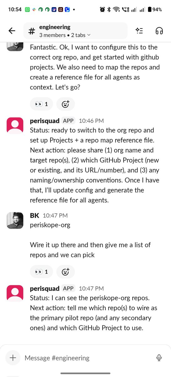 My openclaw team (opensquad?) is wired up on slack and lives in github

Autonomously plans issues, writes code, raises PRs, reviews them. I'm just a spectator in all of this

You can almost taste the AGI :)
