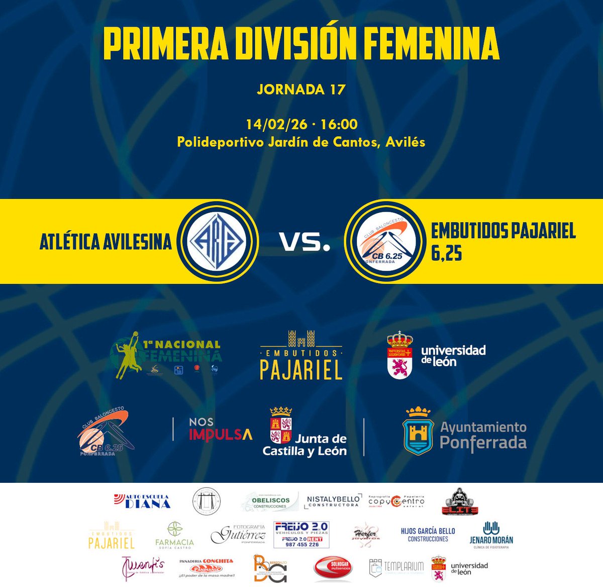 🏀 #PrimeraFemenina
El Embutidos Pajariel 6,25 será el único equipo del club que juegue este fin de semana de Carnaval. Viajaremos a Avilés el sábado.
📅 14/02 🕓 16:00
🆚️ <a href="/Avilesina_/">Atlética Avilesina</a>
📍 Pol. Jardín de Cantos, Avilés
#CB625 #SomosAmarillos